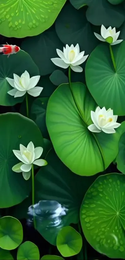 Serene green lotus pond with koi fish and lily pads, creating a tranquil scene.