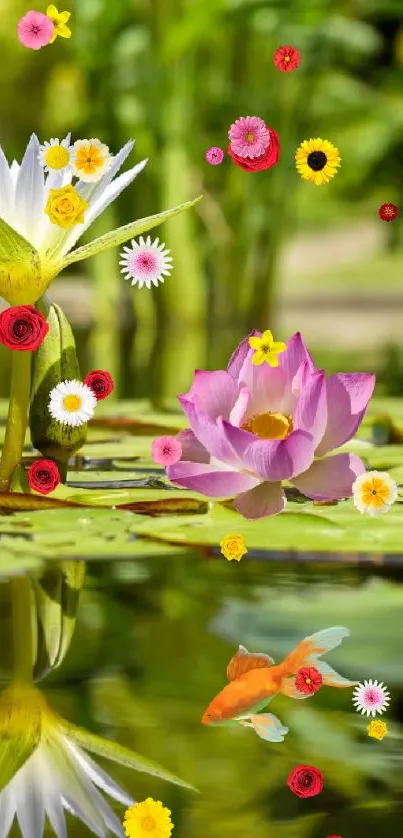 Lotus pond with water lilies and a goldfish mirror reflection.