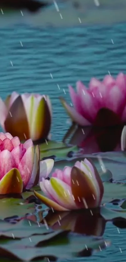 Rain falling on blooming lotus flowers in calm water.