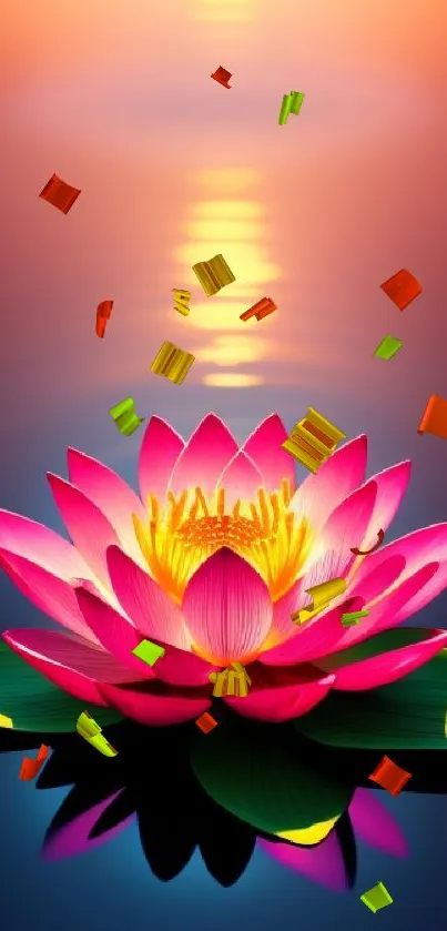 Vibrant lotus reflecting on calm water at sunset.