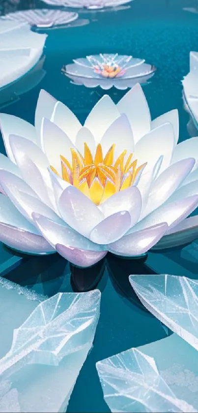 Lotus flower over serene teal water with artistic reflections.