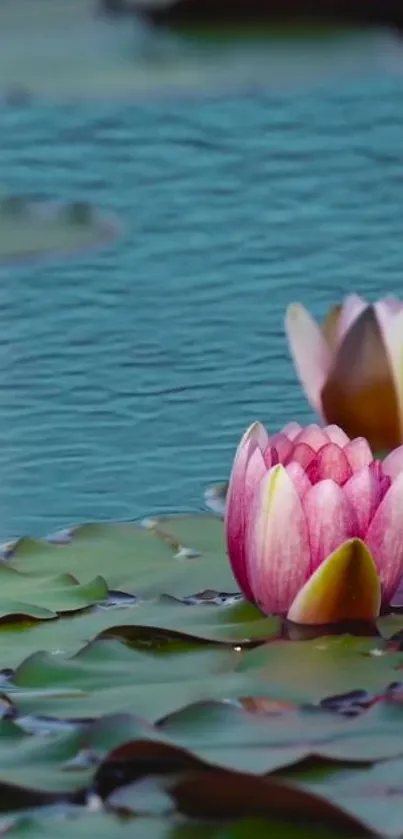 Beautiful lotus flower blooming on still water, surrounded by lily pads.