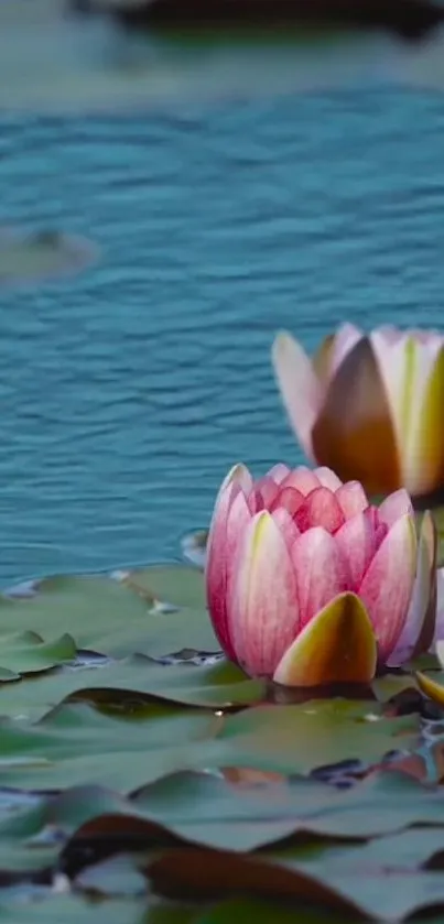 Pink lotus flowers in calm blue water background.