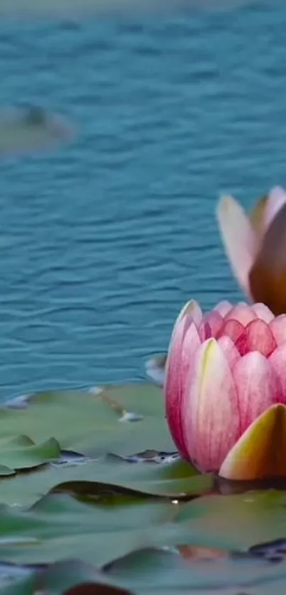 Serene pink lotus floating on blue water.