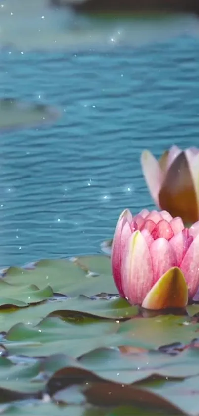 Serene lotus flowers floating on water with subtle reflections.