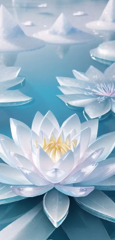 Serene lotus flowers on reflective water surface.