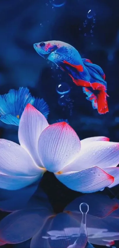 Lotus flower and Betta fish in vibrant blue hues on mobile wallpaper.