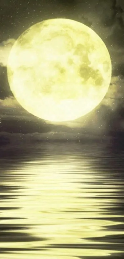 Full moon reflecting on calm water with stars in the night sky.