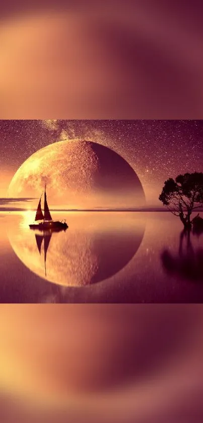 Tranquil moonlit scene with boat and tree reflecting on calm waters.