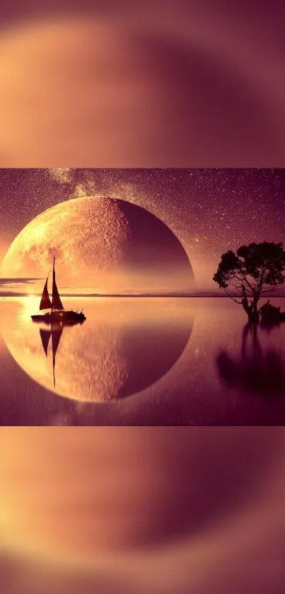 Wallpaper showing a boat and tree silhouetted against a massive moon and starry sky.