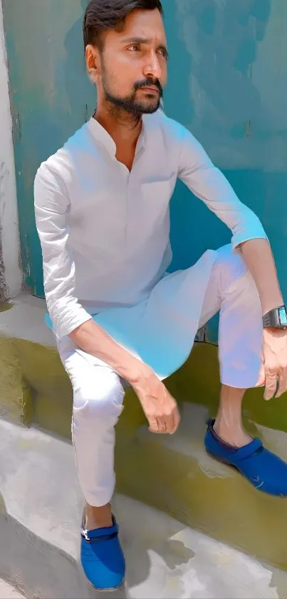 Man wearing white clothes sitting against a blue-green wall.