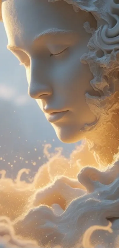 Serene marble sculpture with soft cloud accents.