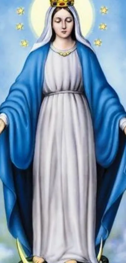 Serene artwork of Mary with blue robe and crown.