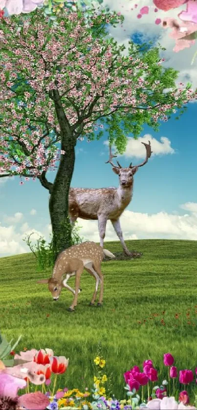 Majestic deer in a lush meadow with floral accents and a blue sky backdrop.