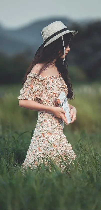 Woman in a floral dress walking through green meadow with hat.