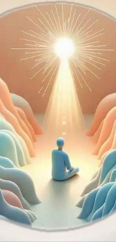 Pastel meditation art with glowing light and serene figure.