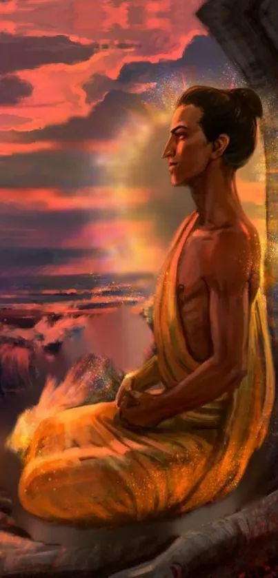 Meditative figure glowing in a sunset landscape, evoking peaceful serenity.