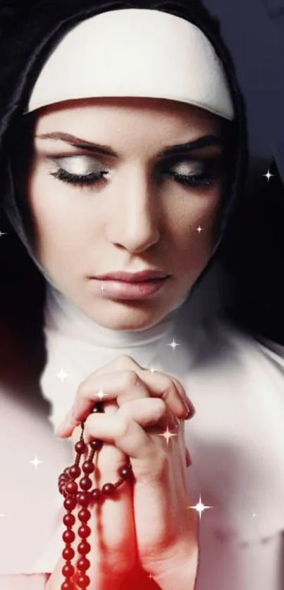 Meditative nun holding rosary beads in a serene mobile wallpaper.