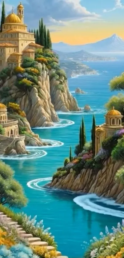 Artistic Mediterranean coastal view with blue waters and lush greenery.