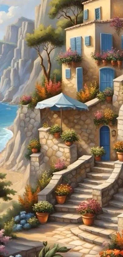 Mediterranean-inspired digital art with stone steps and ocean view.