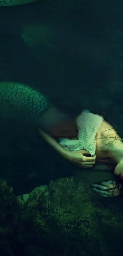 Mystical mermaid submerged in dark green waters.