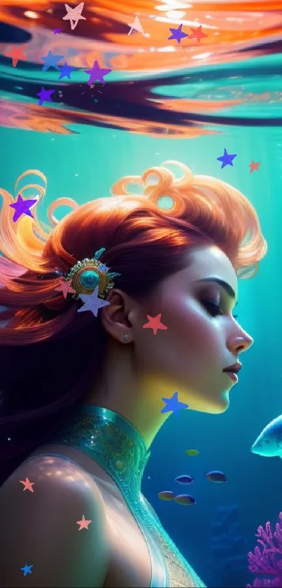 A serene mermaid floats underwater surrounded by vibrant marine life.