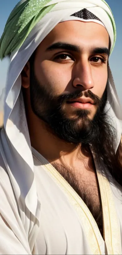 Middle Eastern man with white and green headdress.