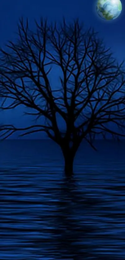 Midnight blue wallpaper with tree silhouette and serene water reflection.