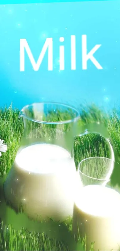 Milk jug on meadow with blue sky background for mobile wallpaper.