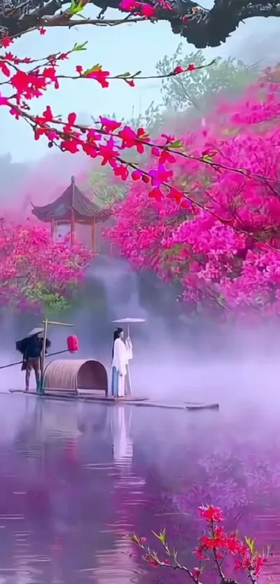 Misty river with vibrant cherry blossoms and a small boat.