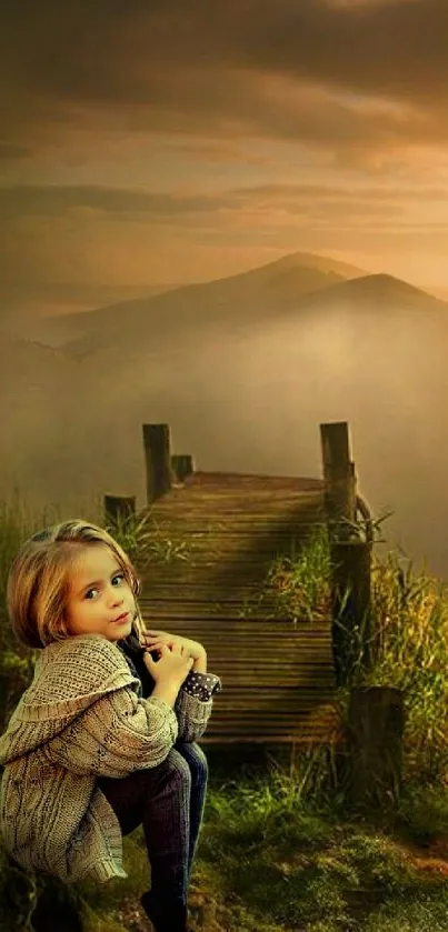 Misty dock scene with a child in a serene atmosphere.