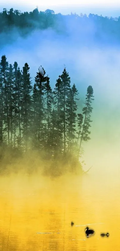 Misty forest reflecting on a tranquil lake.