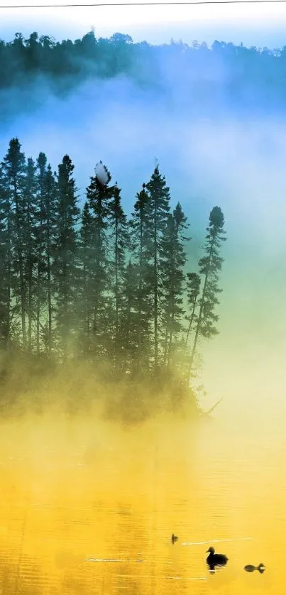 A misty forest with silhouetted trees reflected in golden waters at dawn.
