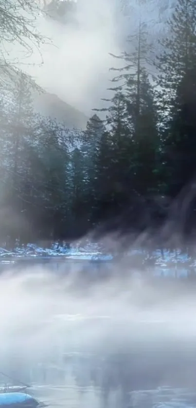 Misty forest by a tranquil lake with trees and a mountain.