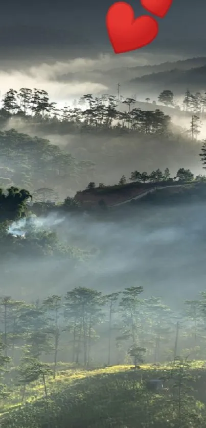 Misty forest landscape with red hearts and serene atmosphere