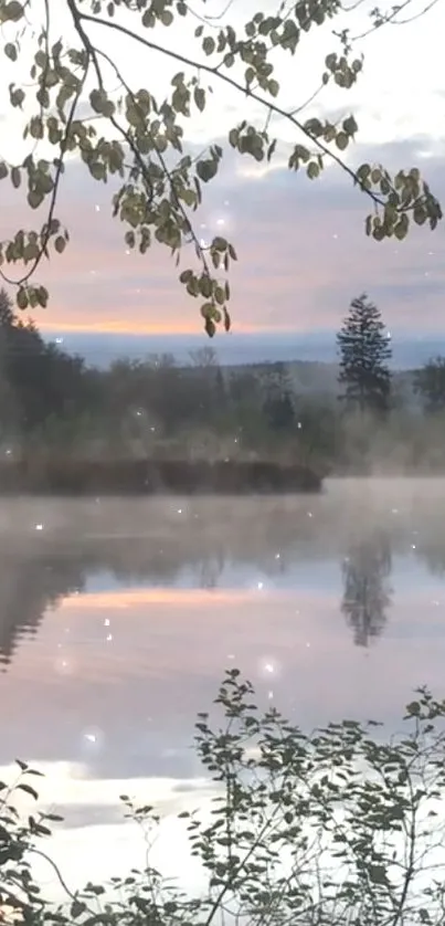 Misty morning lake with trees and soft colors creating a tranquil scene.