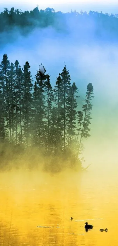 Misty lake landscape with trees and golden reflection.