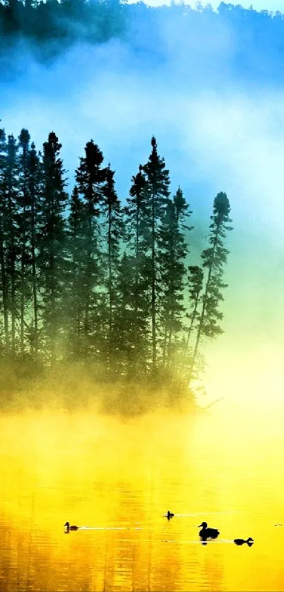 Misty lake with trees and ducks at sunrise, creating a serene atmosphere.