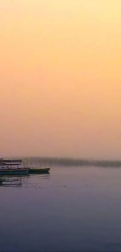 Serene misty lake at dawn reflecting soft lavender sky.