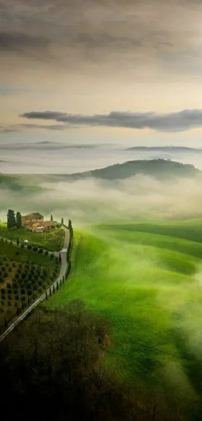 Misty landscape with rolling green hills and a distant farmhouse.