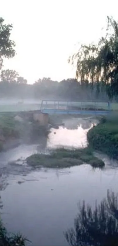 Misty morning river and bridge under trees.