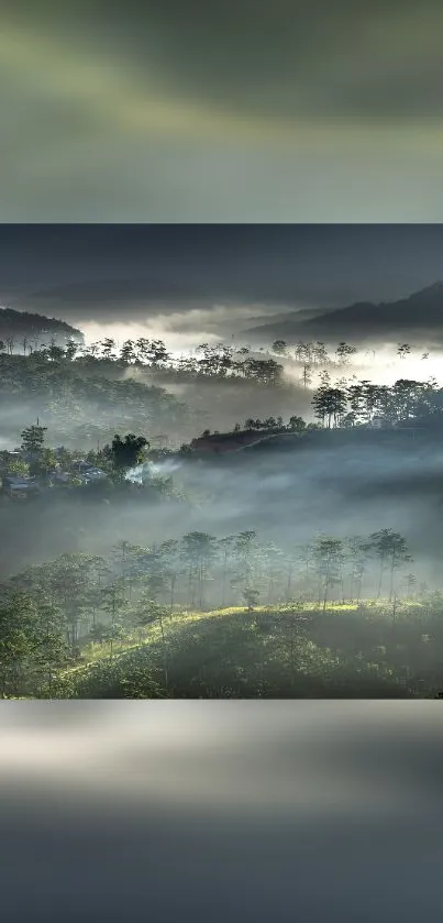 Misty mountain landscape with green hills and trees.