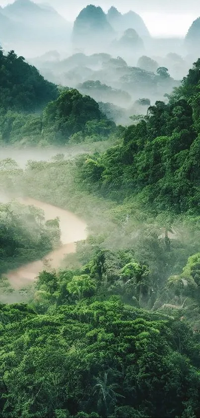 Misty mountain landscape with lush greenery and winding river.