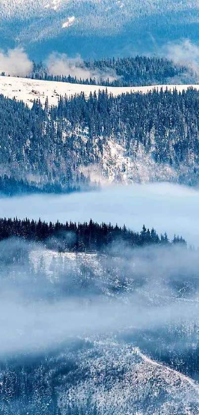 Misty mountain landscape with foggy forests and snow-capped peaks in blue tones.