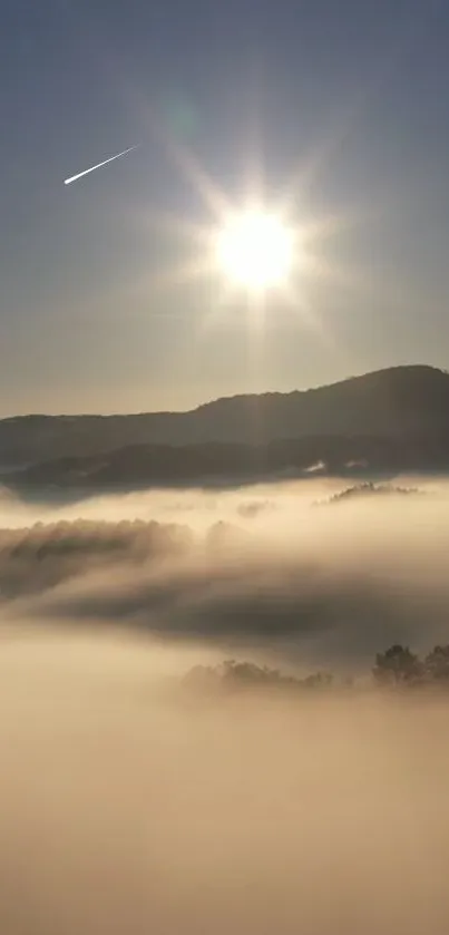 A breathtaking misty sunrise over hills, with soft sunlight streaming through the fog.