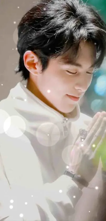 Serene young man in white jacket with hands together in meditation pose.