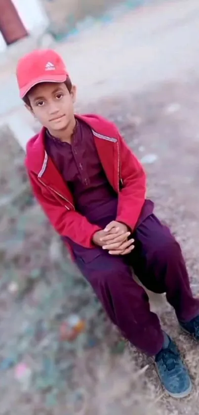 Young boy in red jacket sitting outdoors.