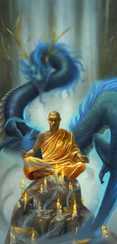 Meditative monk with a majestic blue dragon in a mystical scene.