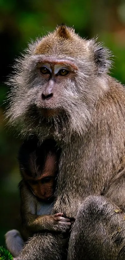 Monkey mother holding baby in forest.