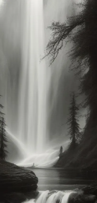 Monochrome waterfall cascading in a serene forest setting.